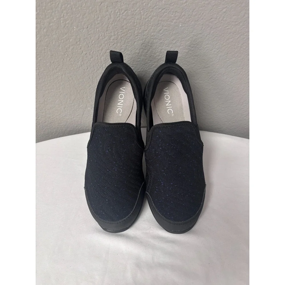 Vionic Womens 7.5 Sky Roza Slip On Sneaker Blk Navy Knit Orthotic Walking Shoes